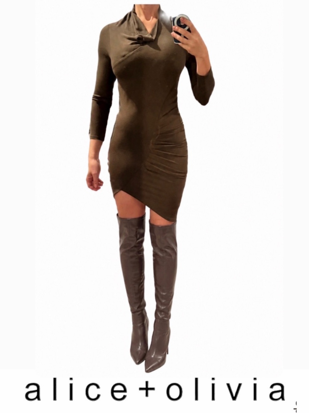 ALICE + OLIVIA Asymmetrical Khaki Dress